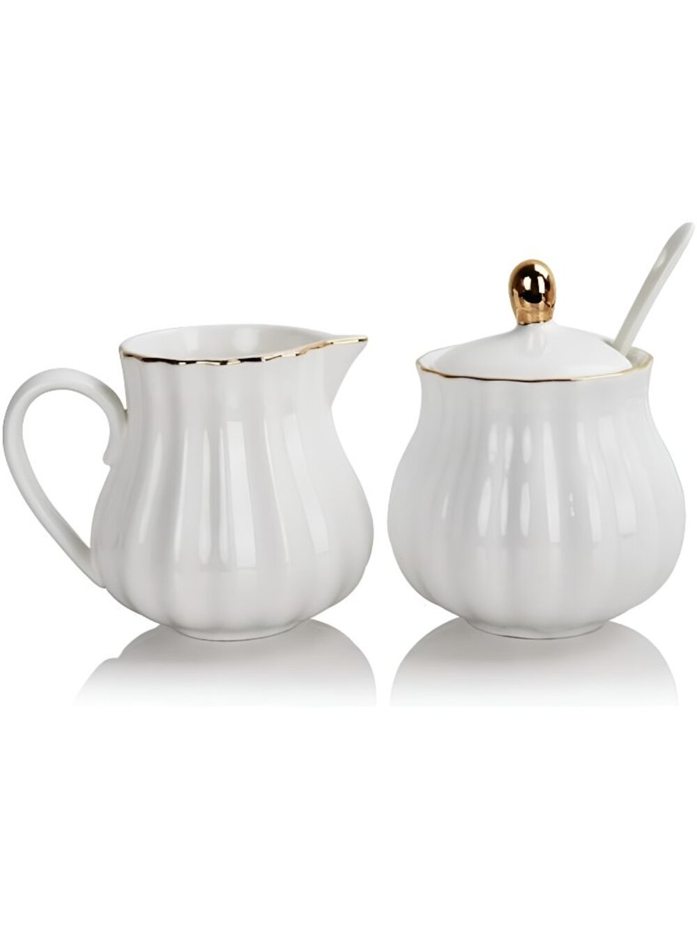 Ceramic Sugar and Creamer Set, 3 Piece Set with Lid & Spoon (White)